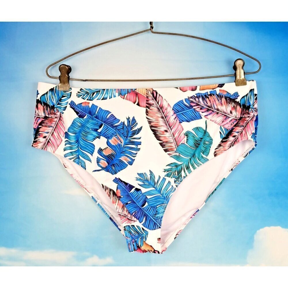 Bikini/Tankini Bottoms WHITE with MULTI COLOR Fern Print Lightweight size XL